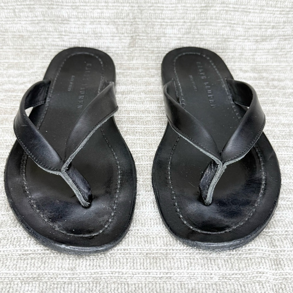 Ralph Lauren Black Leather Thong Sandals Mens Size 8 D Flip Flop Made In Italy